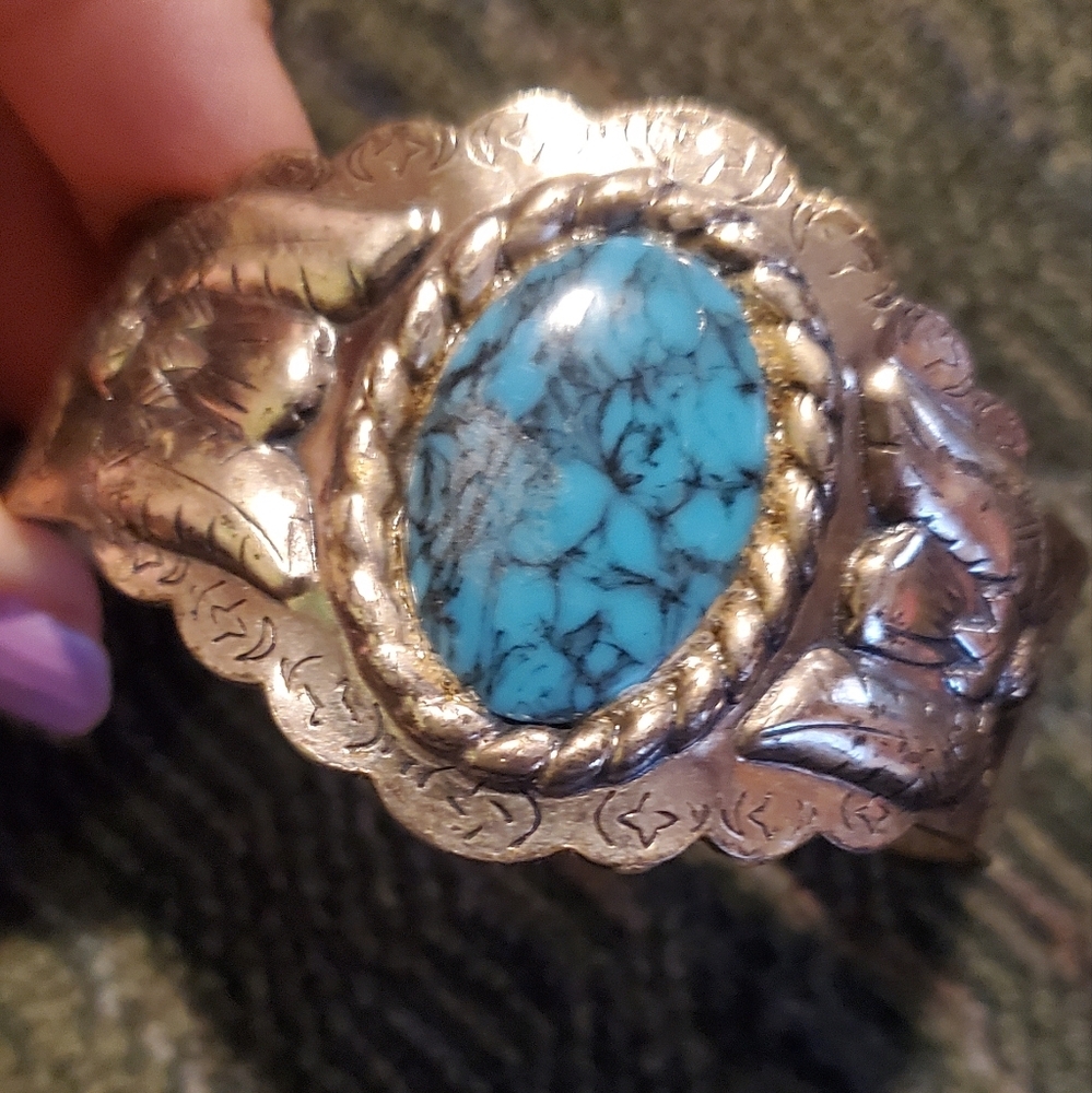 Vintage cuff bracelet  with blue  on top